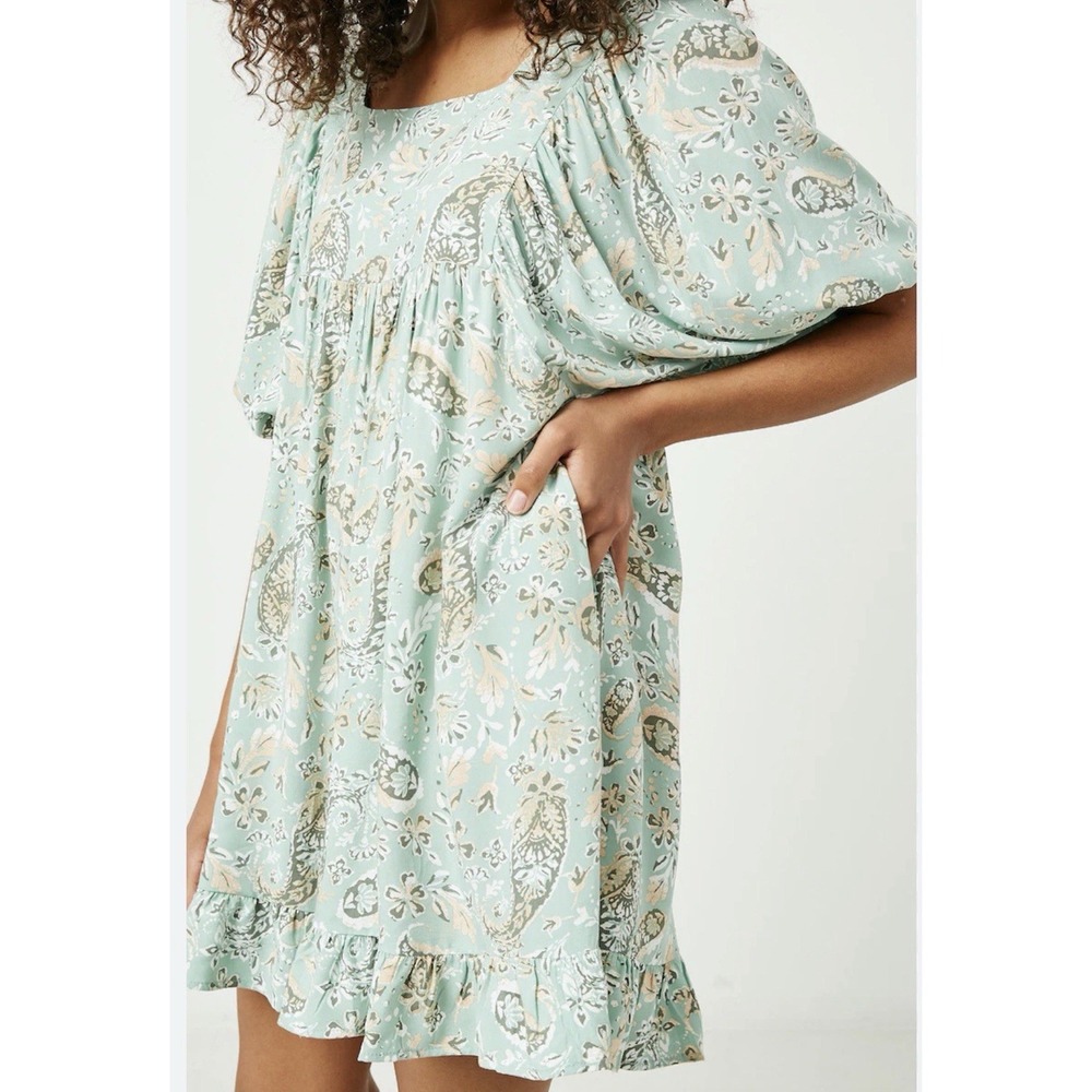 Hayden Los Angeles Green Paisley Shirt Balloon Sleeve Babydoll Mini Dress Sz M